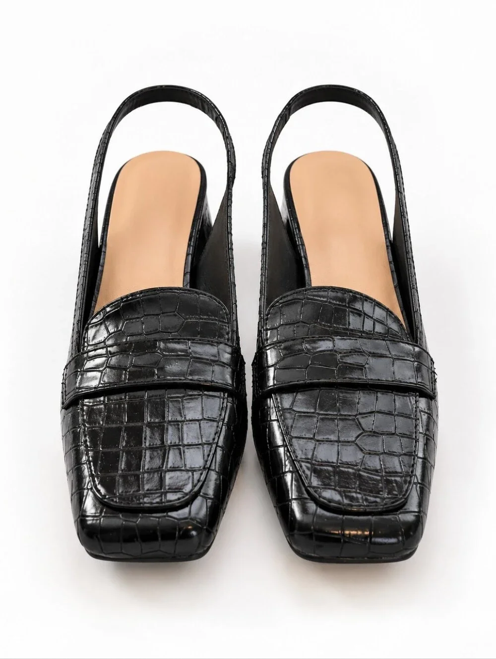 Black Croc Embossed Slingback Loafer Pumps Block Heel Shoes EU 39